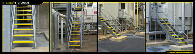 Yellow Anti-Slip step covers on metal steps from various angles