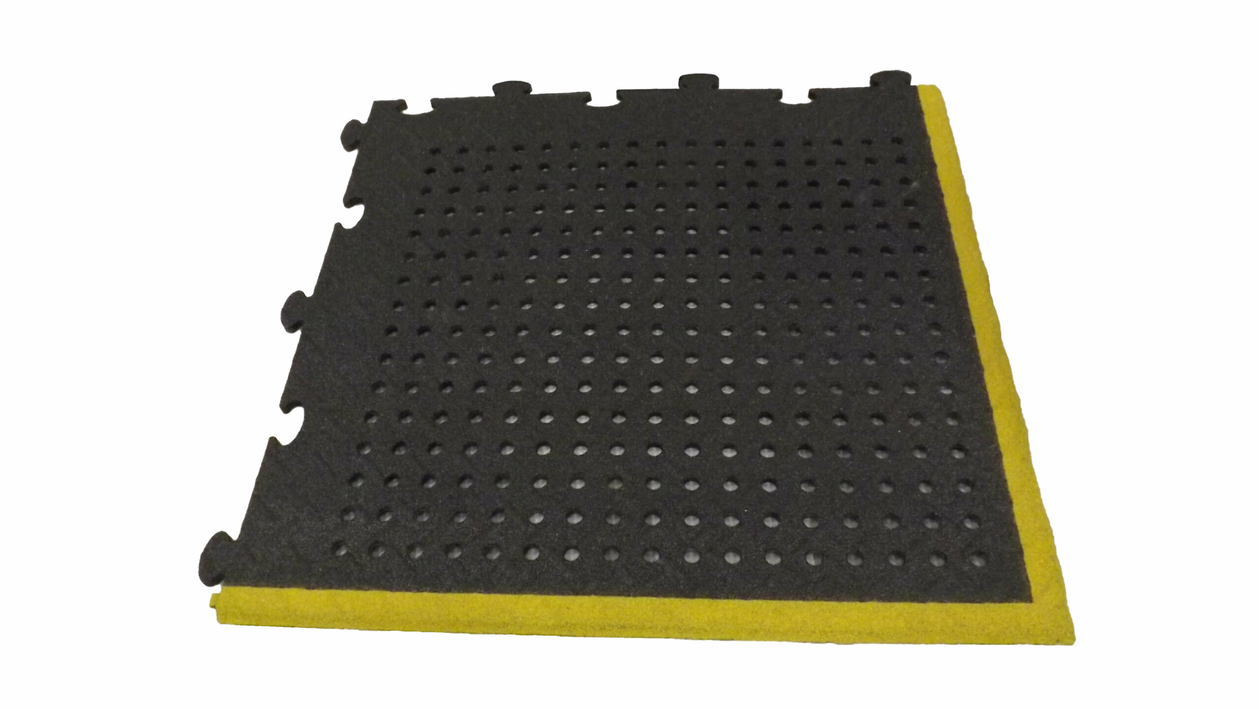 Heavyweight two tone yellow and black industrial mat with holes in it